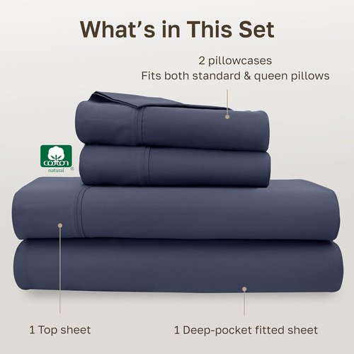 California Design Den Queen Size Bed Sheets Set - 100% Cotton, 400 TC, Smooth Sateen Finish, Deep Pockets - Indigo Dusty Blue