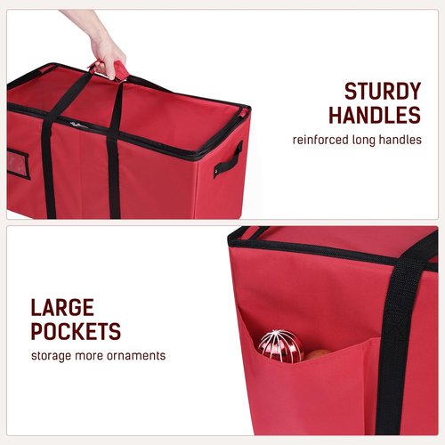Lambada Christmas Ornament Storage Box - Durable Organizer for 128 Ornaments | Adjustable Dividers, Red