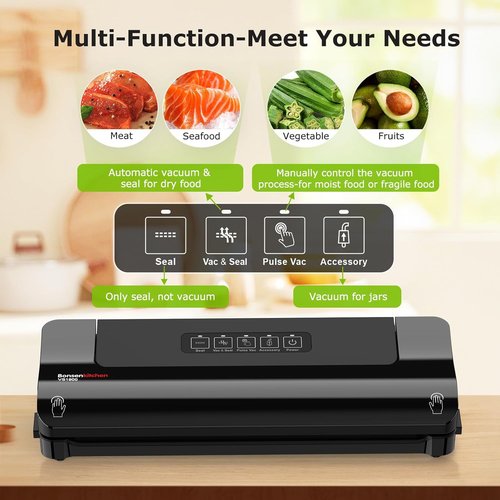 Bonsenkitchen Vacuum Sealer Machine - Multi-Functional Food Sealer with 10 Bags & Compact Design, Black
