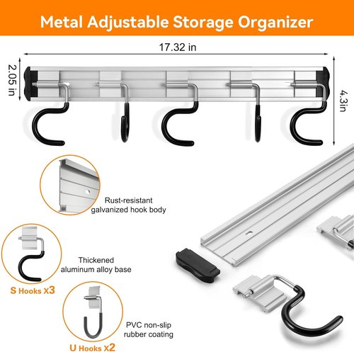 HUPBIPY Garden Tool Organizer - 34.5'' Aluminum Alloy Wall Mount with Hooks for Shovels, Rakes & Brooms