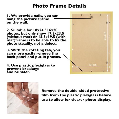 JCJMY 18x24 Picture Frame with 16x20 Mat, Display Photo 16x20 with Mat or 18 x 24 Without Mat, Wall Hanging Large 18 by 24 Poster Frame with Plexiglass, Gold