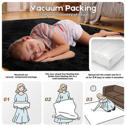 Mhyup 2x3 Black Rug for Bedroom Living Room, Fluffy Small Area Rug Soft Shag Carpet for Kids Boys and Girls Room with 4 Rugs Non-Slip Stickers Dorm Home Decor (2ft x 3ft)
