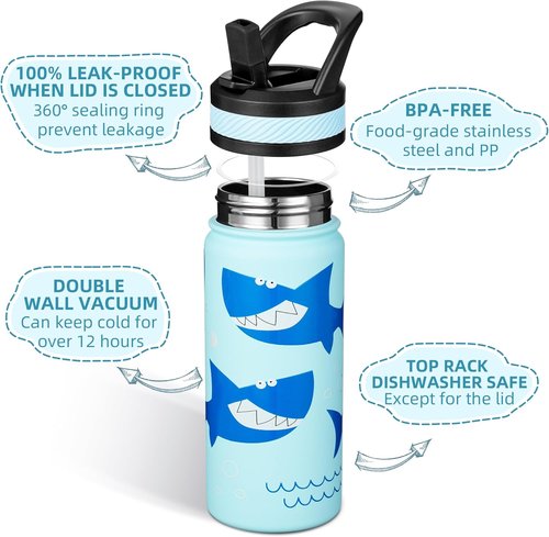 Fanhaw 18 Oz Kids Insulated Water Bottle - Leakproof Stainless Steel with Straw, Pale Blue Big Shark