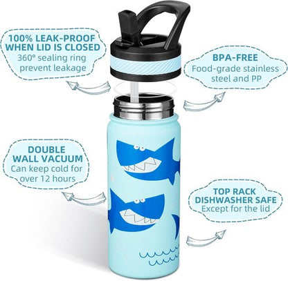 Fanhaw 18 Oz Kids Insulated Water Bottle - Leakproof Stainless Steel with Straw, Pale Blue Big Shark