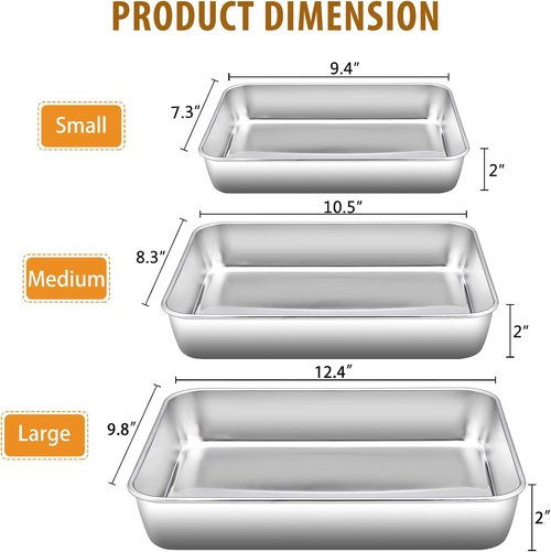 E-far Baking Pans Set - 3 Stainless Steel Rectangle & Square Cake Pans | Oven Safe, Dishwasher Safe