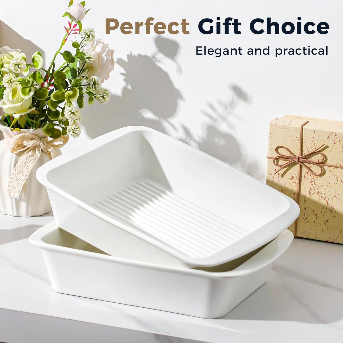 Skiennix 9x13 Baking Dish Set of 2 - Deep 3.75 Qt Porcelain Casserole Dish with Handles | Oven & Microwave Safe, White