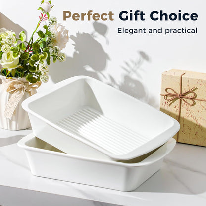 Skiennix 9x13 Baking Dish Set of 2 - Deep 3.75 Qt Porcelain Casserole Dish with Handles | Oven & Microwave Safe, White