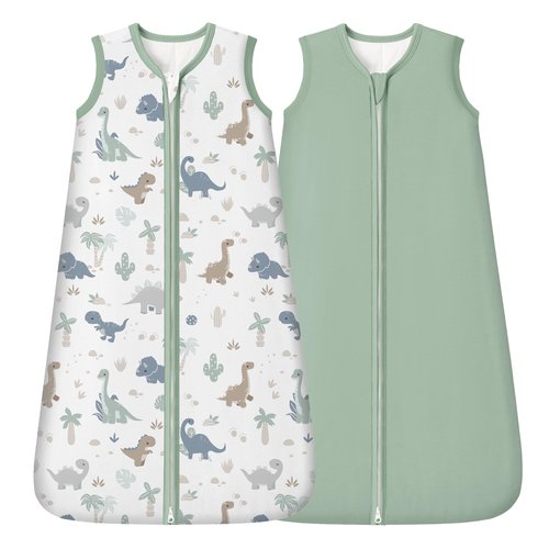 FIEMOL Rayon Made from Bamboo Baby Sleep Sack 6-12 Months, 1.0 Tog Baby Wearable Blanket, Soft Sleeping Bag for Newborn Infant Babies with 2-Way Zipper 2 Pack (Medium) Green Dinosaur