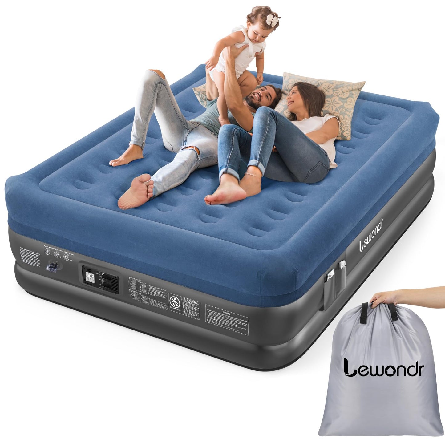 Lewondr Queen Air Mattress with Built in Pump, 18" Deluxe Blow Up Mattress Airbed, Comfy Self Inflating Air Mattress, 3Min Fast Inflatable Mattress for Camping, Home, Guests, Travel(661lb MAX), Blue