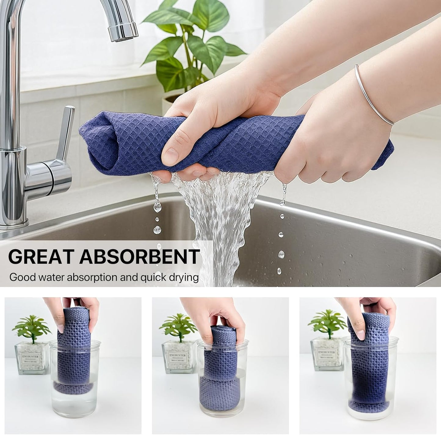 Skiennix 100% Cotton Waffle Weave Kitchen Towels - Ultra Soft & Absorbent 6 Pack | Quick Drying, Dark Blue, 12x12 Inches
