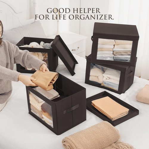 Homsorout Stackable Storage Bins - Large Foldable Closet Organizer with Lids | 6-Pack Brown Cubes