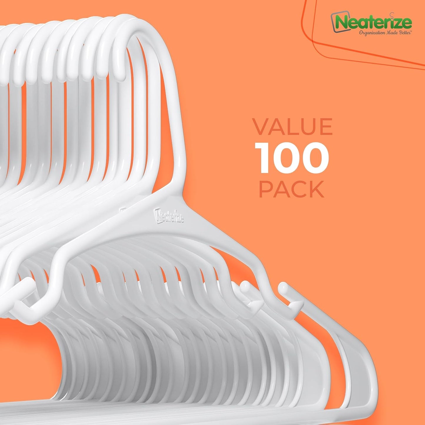 Neaterize Clothes Hangers - 100 Pack Plastic Hangers for Adults | Space-Saving White Coat Hangers