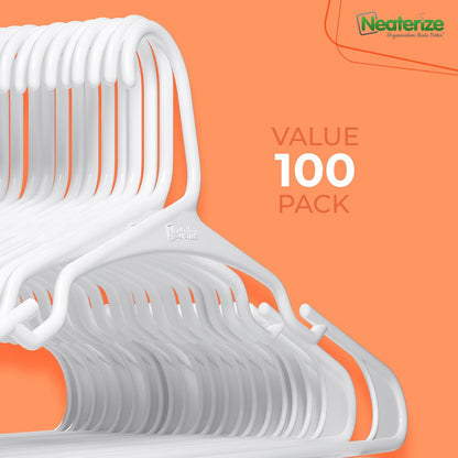 Neaterize Clothes Hangers - 100 Pack Plastic Hangers for Adults | Space-Saving White Coat Hangers