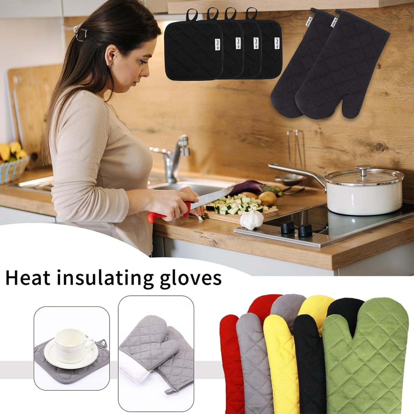 Skiennix Oven Mitts Set - 6 Pcs High Heat Resistant Extra Thick Potholders | Black Recycled Cotton