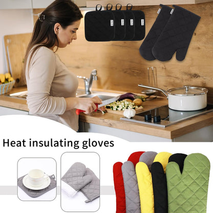 Skiennix Oven Mitts Set - 6 Pcs High Heat Resistant Extra Thick Potholders | Black Recycled Cotton
