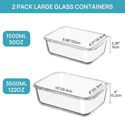 Vtopmart Large Glass Food Storage Containers - 122oz & 50oz with Airtight Lids | BPA-Free for Meal Prep & Roasting