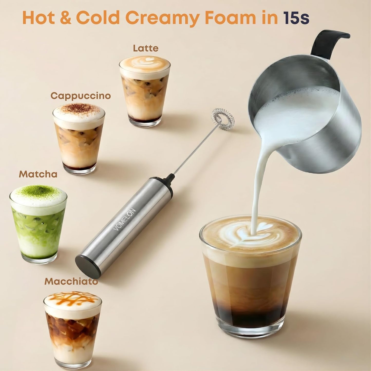 Skiennix Rechargeable Milk Frother - Powerful USB-C Handheld Mixer for Coffee, Latte & Matcha - Silver