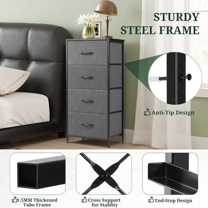 Regine Switzerland 4-Drawer Nightstand - Stylish Gray Bedside Table with Wooden Top & Fabric Bins