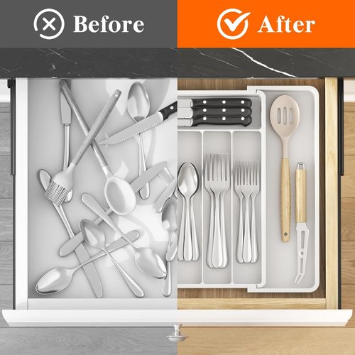 Lifewit Expandable Silverware Drawer Organizer - BPA-Free Utensil Tray for Kitchen | Adjustable 10.9"-17.5" x 13.7" - White
