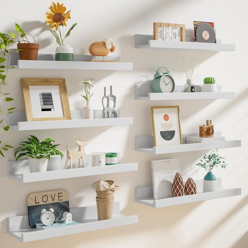 Heimlove 16 Inch Picture Ledge Shelf - Set of 8 White Floating Wall Shelves for Living Room & Nursery