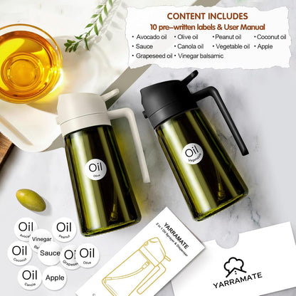 YARRAMATE Olive Oil Dispenser - 2PCS 16oz Light Blockage Dark Sprayer | Food-Grade Green Glass Bottles