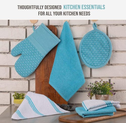 Lane Linen 16-Piece Kitchen Towel Set | Heat Resistant Oven Mitts & Pot Holders, Absorbent Dish Cloths - Aqua