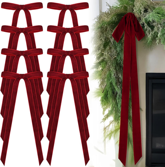 Skiennix 24 Pcs Velvet Bows - Vintage Ribbon Bows for Christmas Tree & Crafts | Dark Red, 10 x 18 Inch