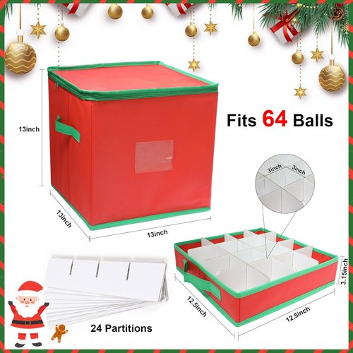 Christmas Ornament Storage Box - Red Oxford Canvas Case for 64 Ornaments | 4 Removable Trays