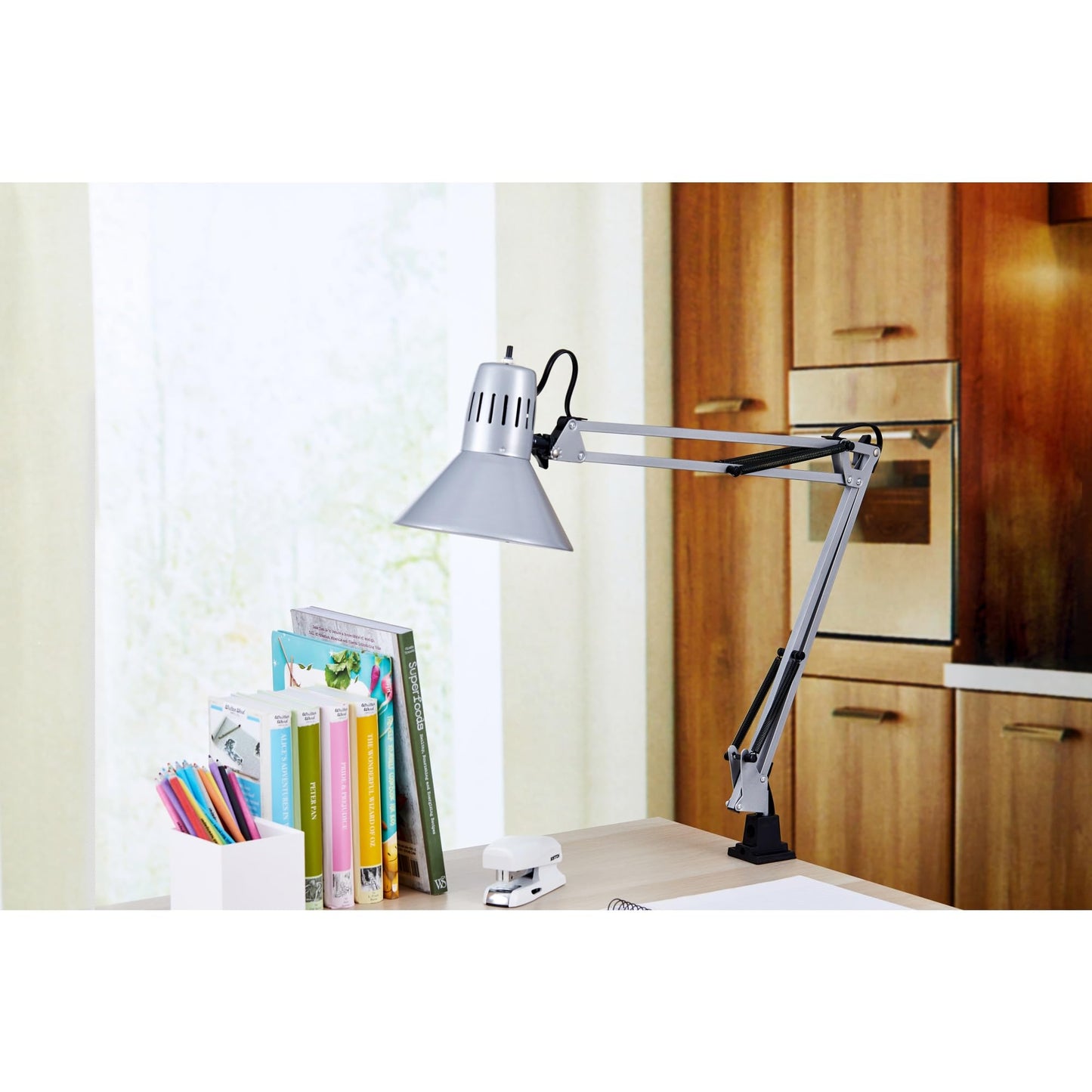 Bostitch Office VLF100-SLV Swing Arm Desk Lamp with Clamp Mount, 36" Reach with Multi-Joint Adjustment, Includes Replaceable LED Bulb (VLF), Silver