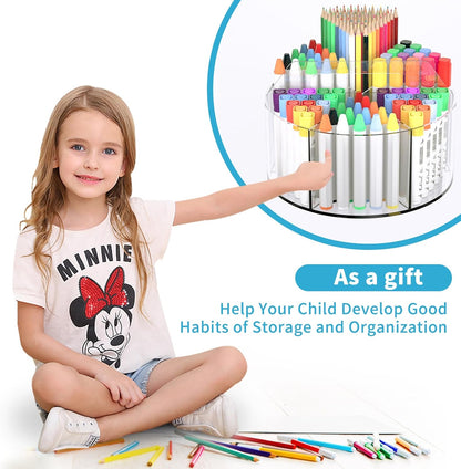 Rotating Markers Organizer - Acrylic Lazy Susan for Kids | 360° Spinning Pencil Holder with 6 Compartments