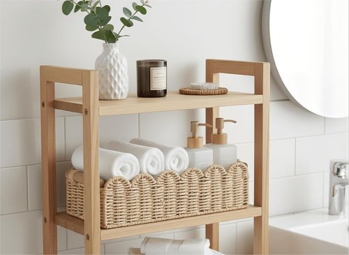 CubesLand Scalloped Edge Toilet Paper Storage Basket - Cozy Beige Home Decor with 2 Wooden Handles