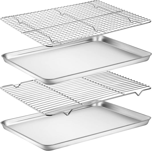 Yododo Baking Sheet Set - Stainless Steel Cookie Sheets with Cooling Racks | 4-Piece Set, 17½ Inch