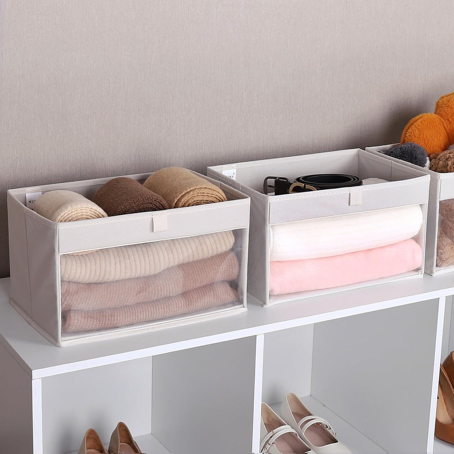 WUIKE Fabric Storage Bins - Large Foldable Organizer Baskets with Clear Window & Handles | Beige, 3-Pack