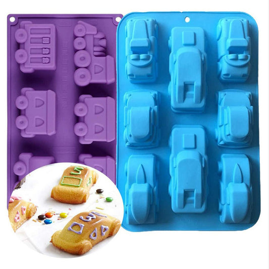 Joyeee 2 Pack Train Auto Car Silicone Molds, Large Size Silicone Mold Pan Tray, Silicone Baking Mold for Muffin Chocolate Cake Cupcake Tart Pie Ice Cube Candy Fondant Soap, Christmas Gifts for Kids