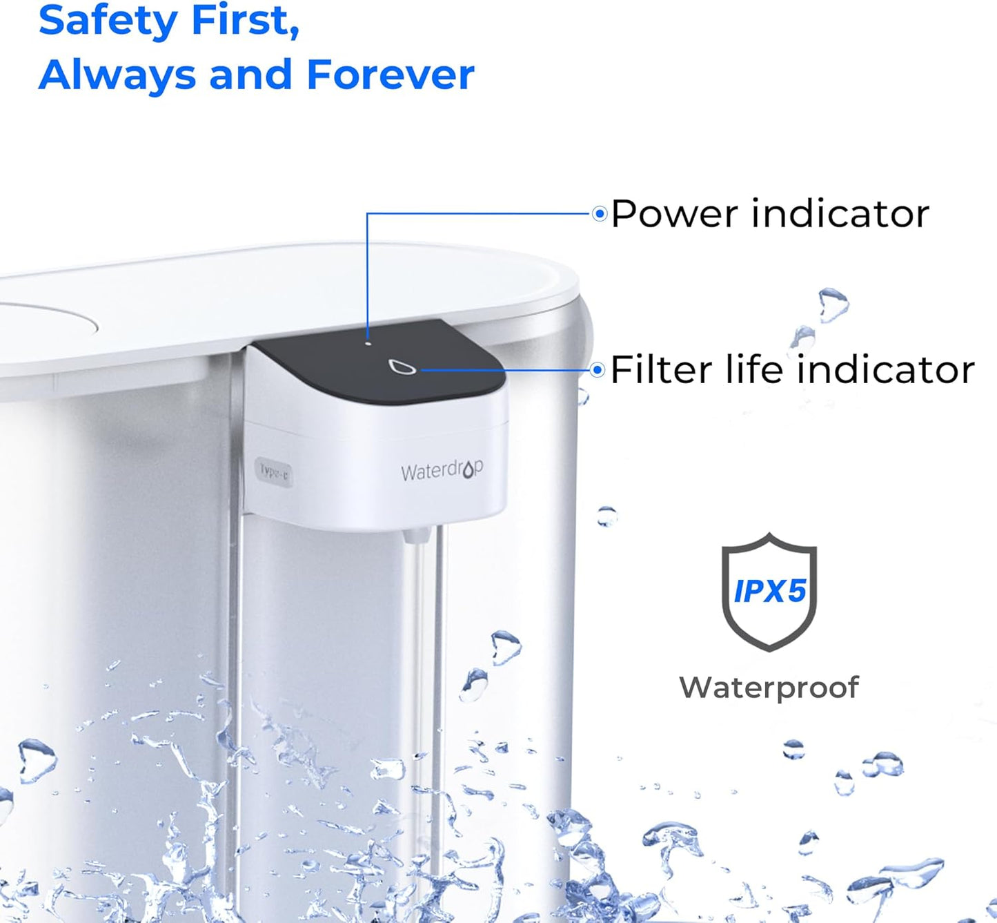 Waterdrop Compact Electric Water Filter Pitcher - 200-Gallon Rechargeable Dispenser | NSF Certified, 14-Cup, White