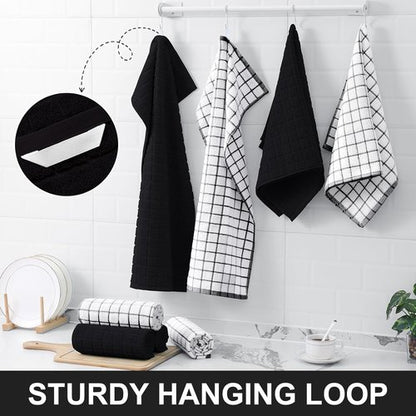 Homaxy Premium Cotton Kitchen Towels - Super Absorbent 390 GSM Dish Towels | 16"x28", Black Check, 6 Pack