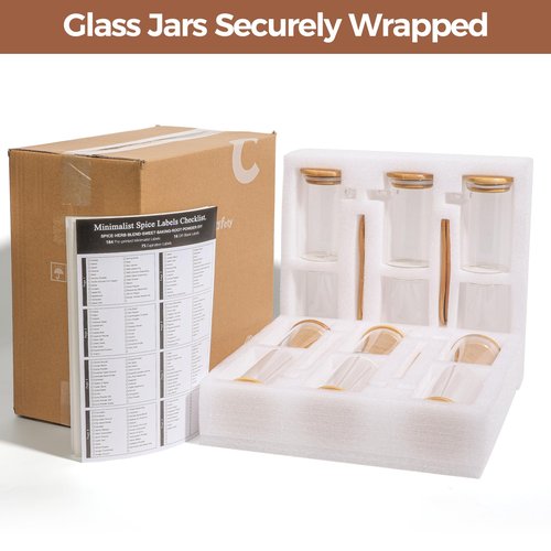 ComSaf 12 Pcs Glass Spice Jars with Labels and Spoons, 10oz Spice Containers with Bamboo Lids, Glass Storage Containers with 275 Labels for Seasonings, Salt, Loose Leaf Tea Storage