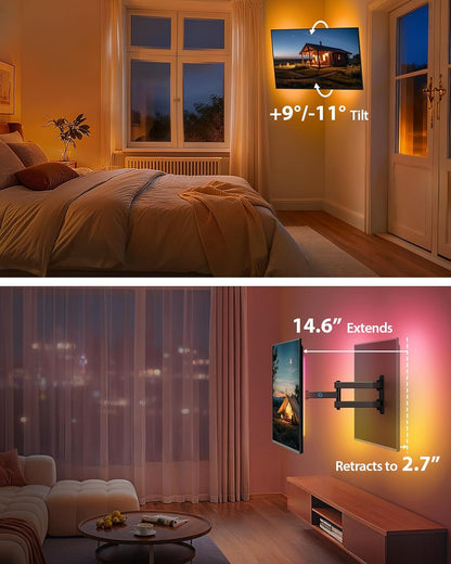 Pipishell Full Motion TV Wall Mount - LED Light & Music Sync for 13"-43" TVs Up to 44 lbs | PISF06B