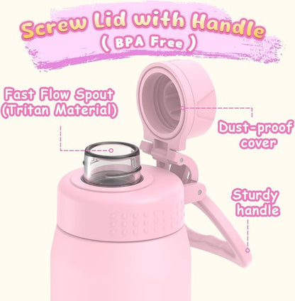 GOPPUS 15oz Stainless Steel Kids Water Bottle - Leakproof & Insulated | BPA-Free, Pink