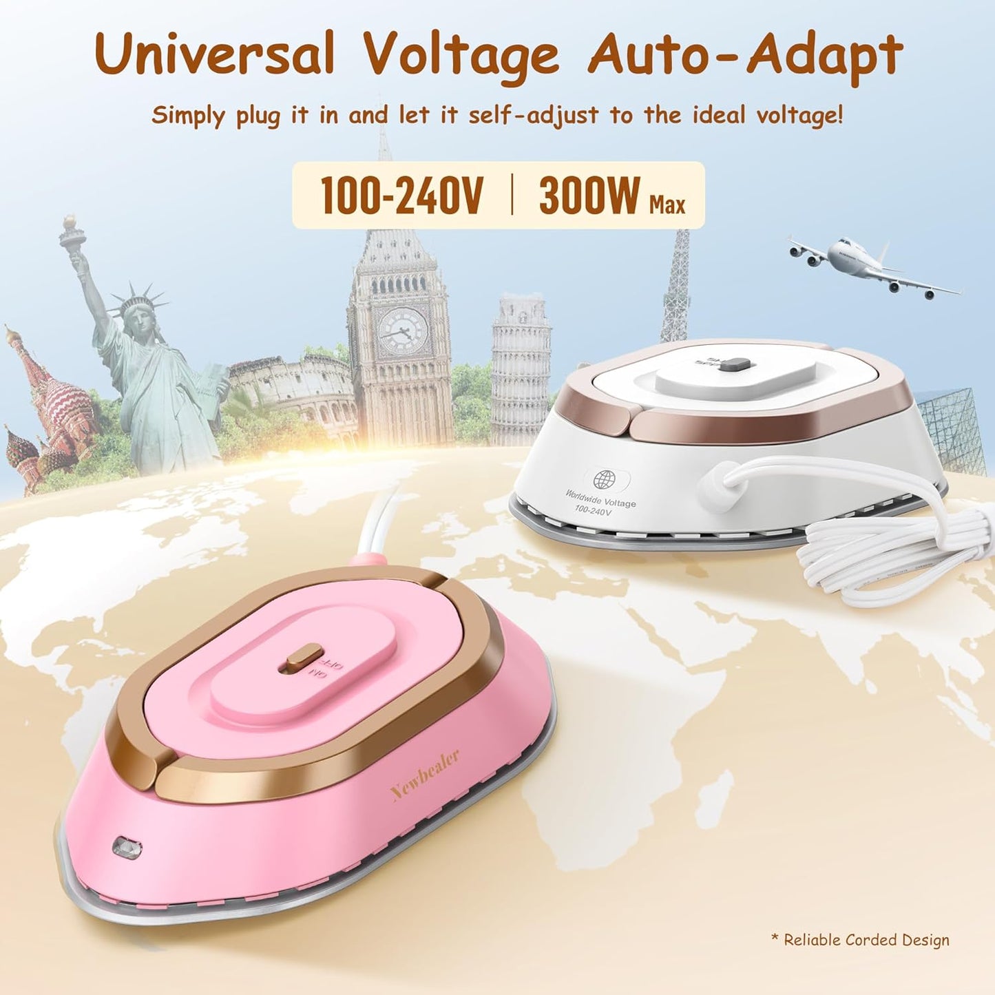 Newbealer Travel Iron - Mini Dry Iron with Global Voltage, 100-240V, 300W, Non-Stick Ceramic Soleplate, Gold