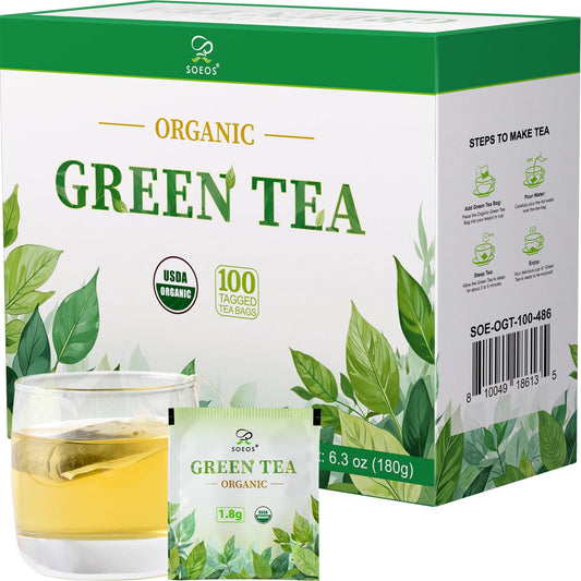Soeos Organic Green Tea, 100 Tea Bags (Pack of 1), Caffeinated, Low Caffeine, Fresh and Healthy Green Tea, 6.3 Ounce