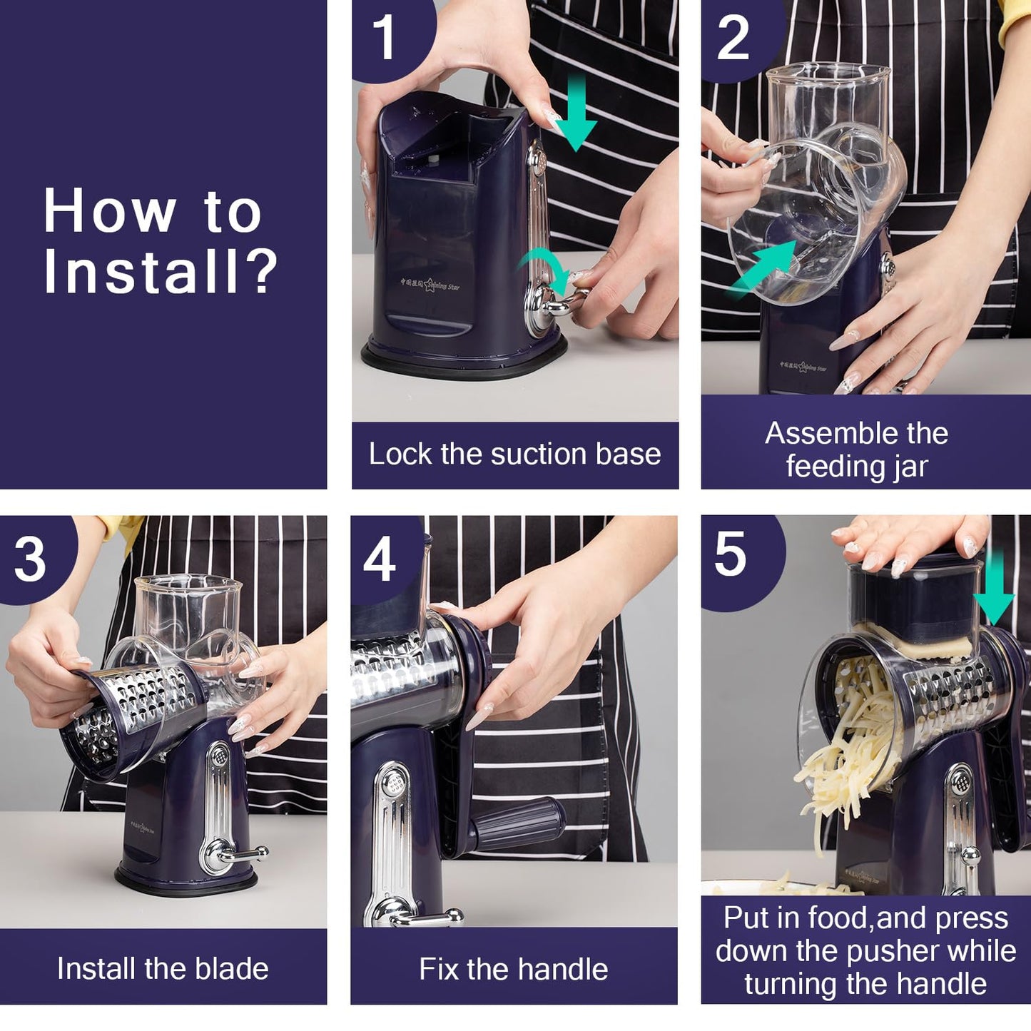 Rotary cheese grater - hand-cranked,5in1 washable & easy to clean - perfect for chefs, cuts cheese, veggies, fruits, nuts, crackers - upgraded model with strong suction-Hand Crank Cheese Grater