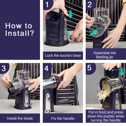 Rotary cheese grater - hand-cranked,5in1 washable & easy to clean - perfect for chefs, cuts cheese, veggies, fruits, nuts, crackers - upgraded model with strong suction-Hand Crank Cheese Grater