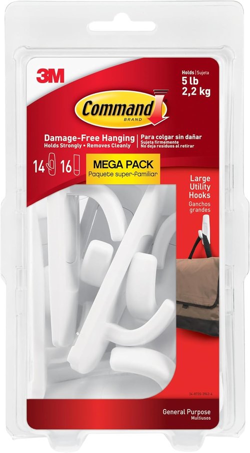 Command 5 lb Large Utility Hooks - Damage-Free Adhesive Wall Hooks for Home & Office Organization | 14 Hooks & 16 Strips