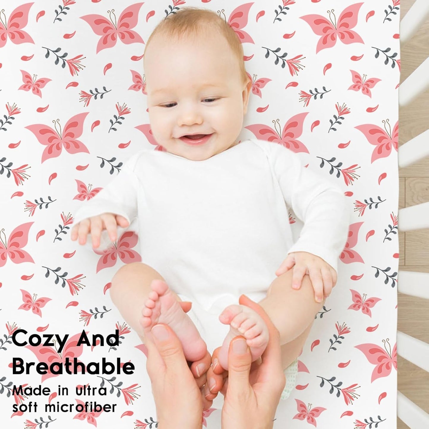 Yoofoss Fitted Pack and Play Sheets - Soft, Breathable Mini Crib Sheets 2-Pack (Pink + Butterflies)