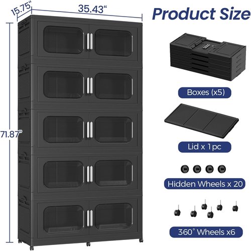 250GAL Extra Large Storage Bins - Stackable Collapsible Plastic Containers with Lid & Wheels | 5-Pack Black