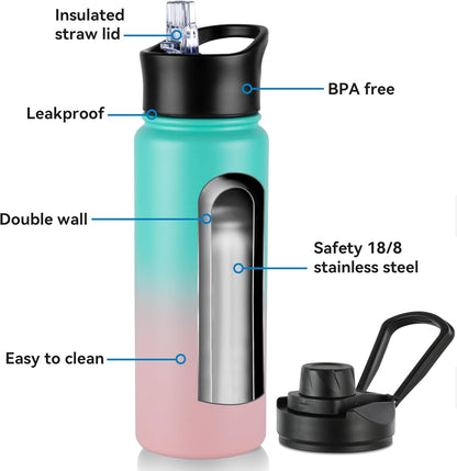 Skiennix 24oz Insulated Water Bottle - Stainless Steel with Straw Lid | Double Wall Vacuum for Hiking & Camping, Bubble Gum