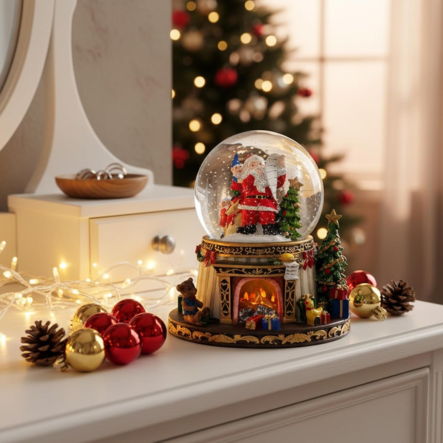 **Regine Switzerland Musical Snow Globe | Santa Claus Fireplace with Automatic Snowfall & 8 Christmas Tunes**