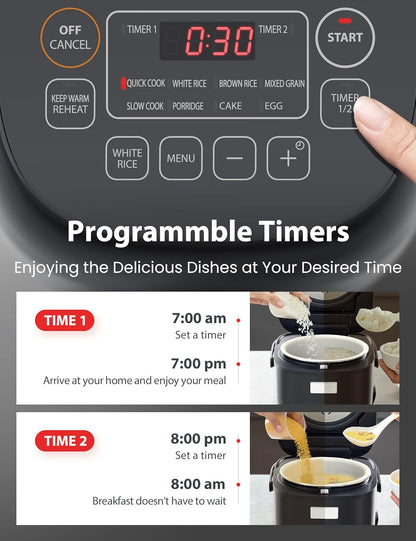 TOSHIBA 3-Cup Rice Cooker - LCD Display with 8 Cooking Functions & Non-Stick Pot | Grey