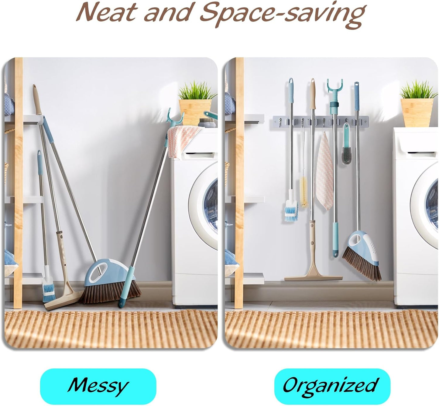 OUTNILI Mop Broom Holder - Wall Mount Organizer with 4 Slots & Hooks for Laundry Room | Gray Wood Design
